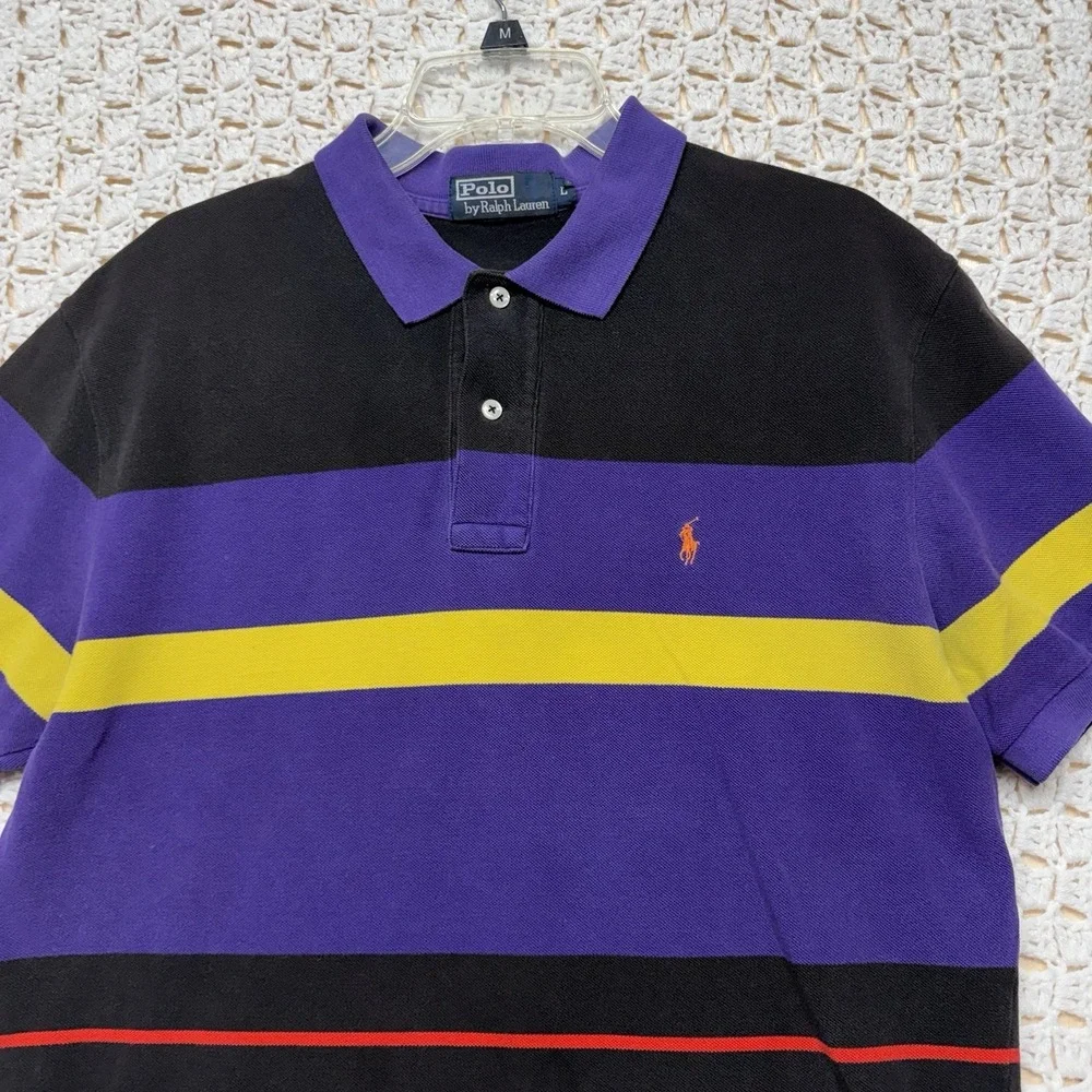 VTG 90s Polo Ralph Lauren Polo Shirt Mens Sz L Purple Black Yellow Red Striped